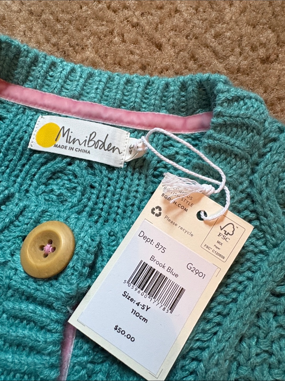 Mini Boden Brook Blue Cable Knit Cardigan with Buttons - Picture 3 of 3